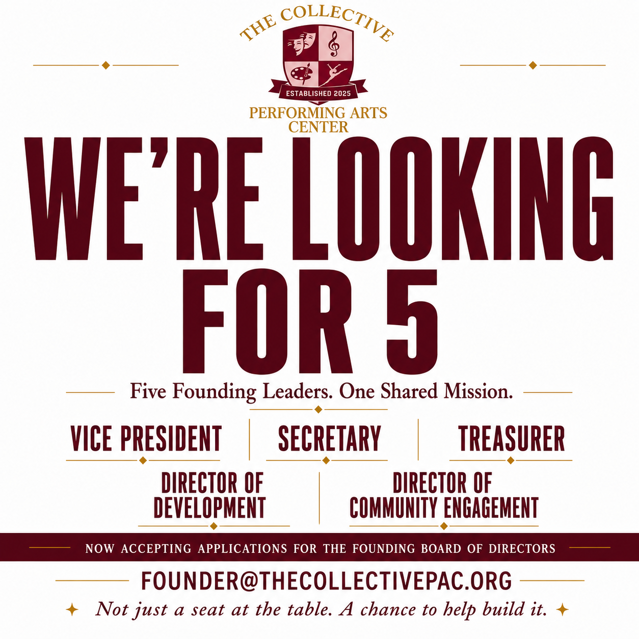 Recruitment flyer: we're looking for 5 founding leaders — Vice President, Secretary, Treasurer, Director of Development, and Director of Community Engagement — now accepting applications for the founding board of directors.