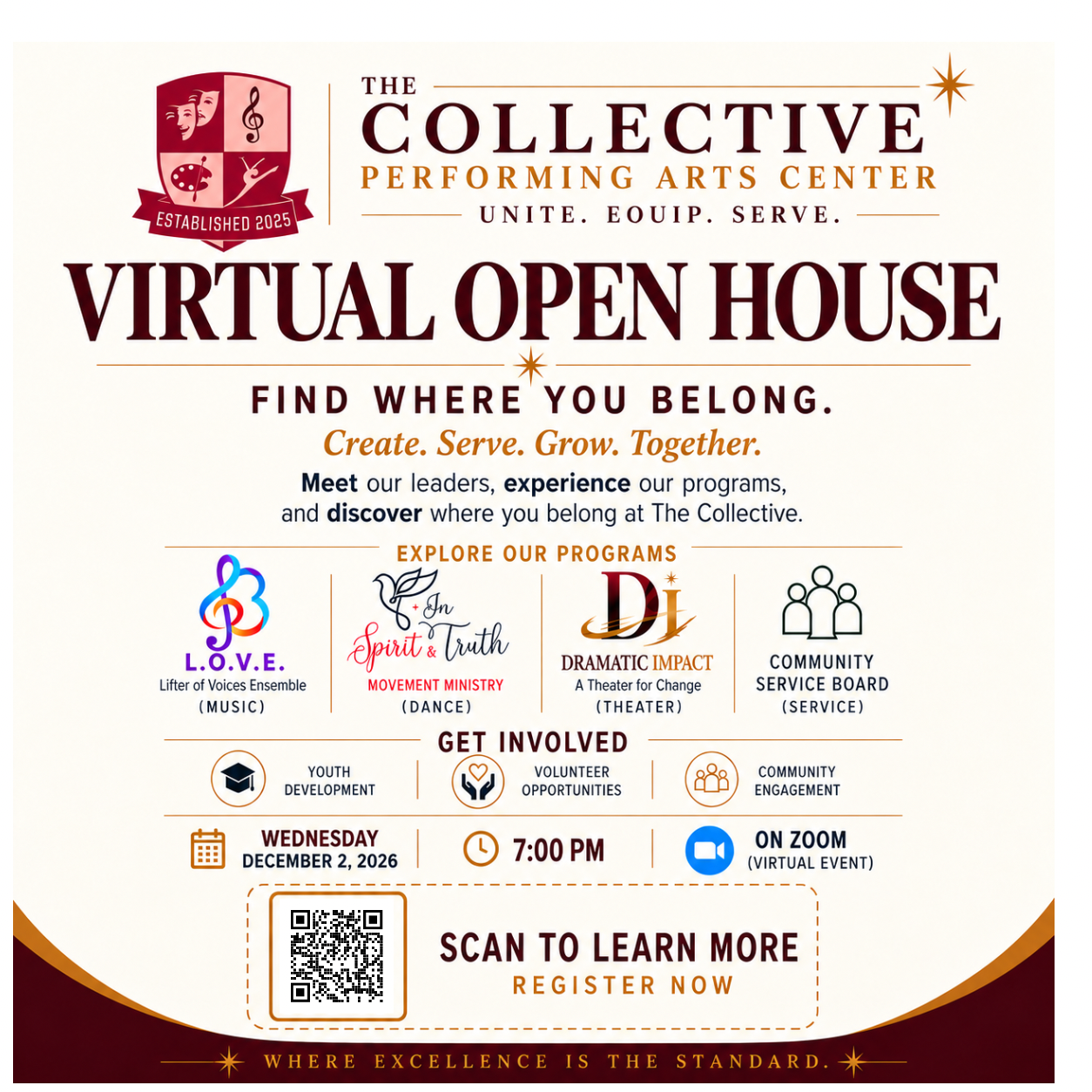 Virtual open house flyer for The Collective Performing Arts Center: find where you belong, with our four programs — music, dance, theater, and community service.
